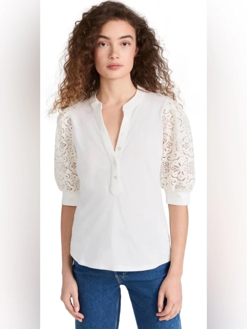 Veronica Beard Coralee Puff Lace Sleeve Cotton Top Blouse Tee Off White S - Picture 2 of 11